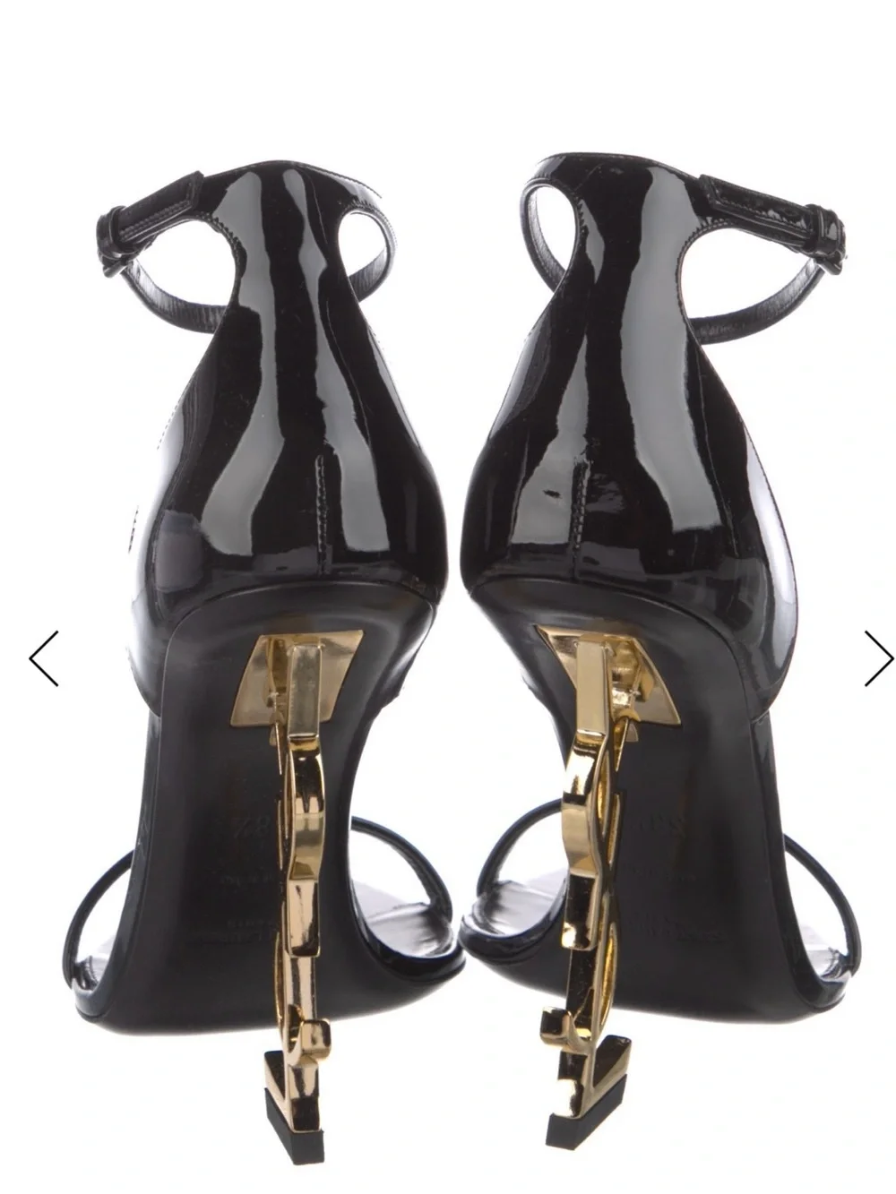 Saint Laurent Black Patent Leather Ankle-Strap Heels with Gold Logo Heel - Picture 7 of 7